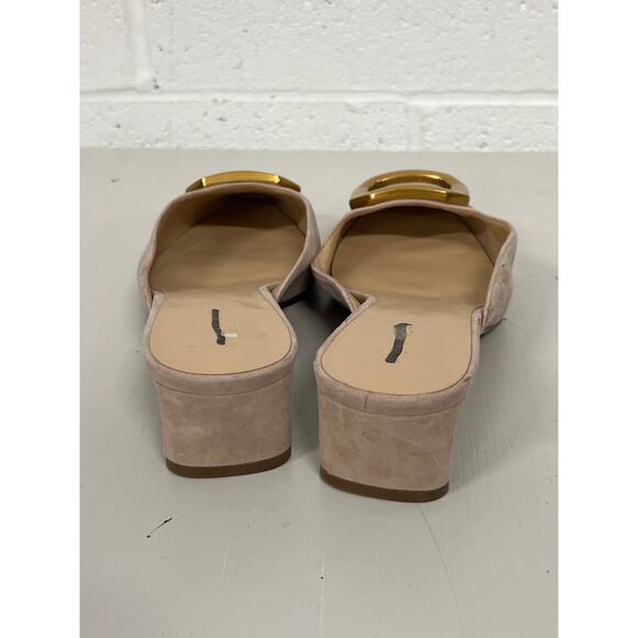 Ann Taylor Sz 9.5 Beige Suede Leather Gold Buckle Mule Low Heel Slip On Pumps - Picture 4 of 5